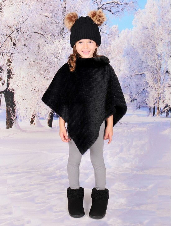 Kids Soft Faux Fur Poncho W/  Tile Pattern and Faux Fur Neckline (3-7 Years Old) 